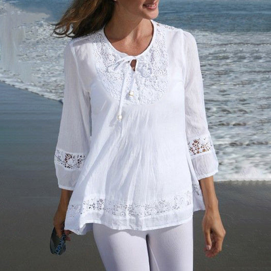 Cotton And Linen Stitching Lace Temperament Sleeve Loose Women's Top