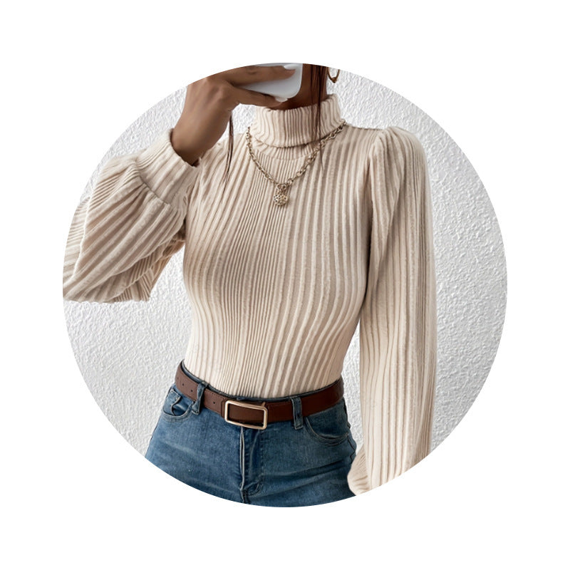 Autumn New Brushed Sunken Stripe Turtleneck Long Sleeve T-shirt