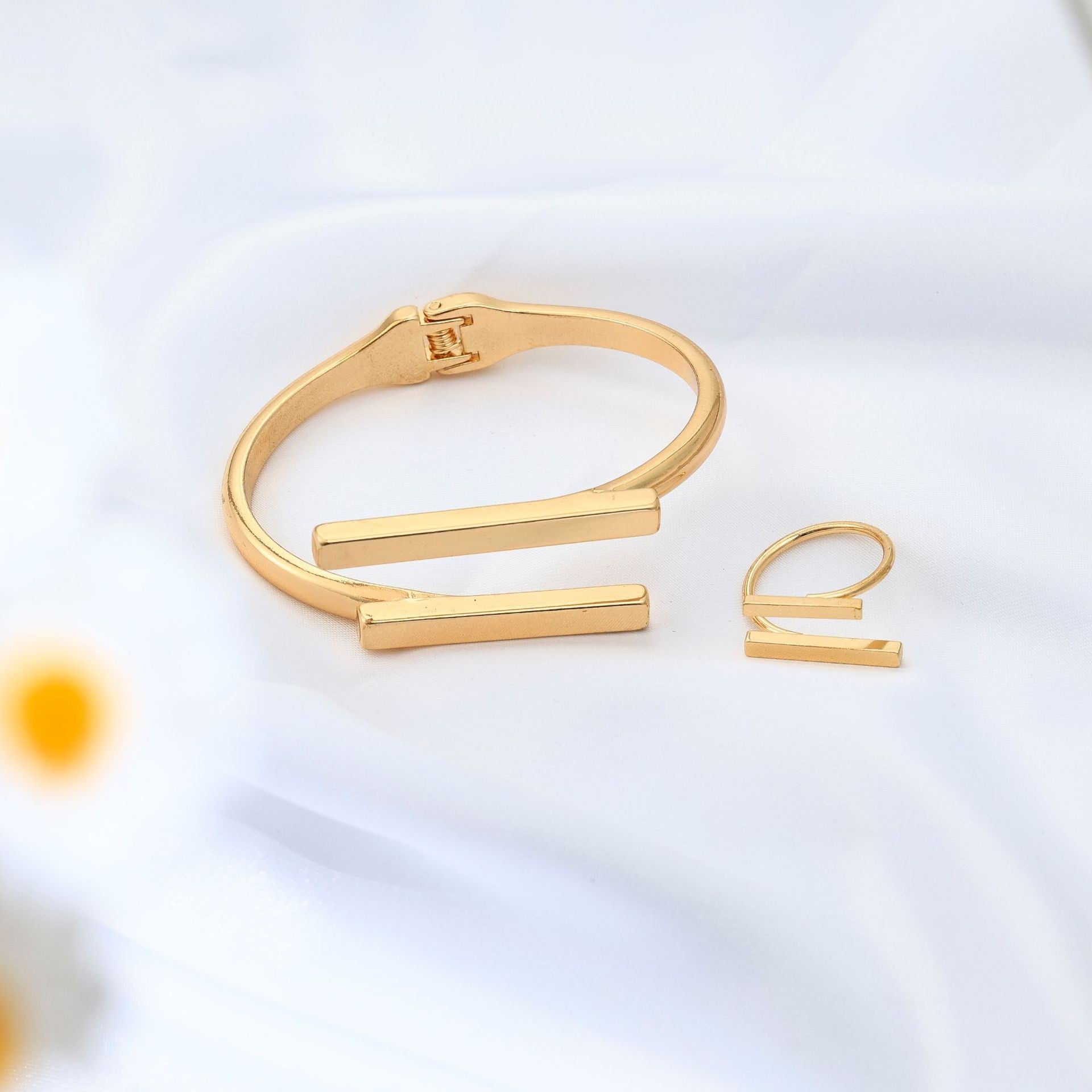 Metal Geometry Square Opening Adjustable Women's Bracelet Ring Jewelry Suit