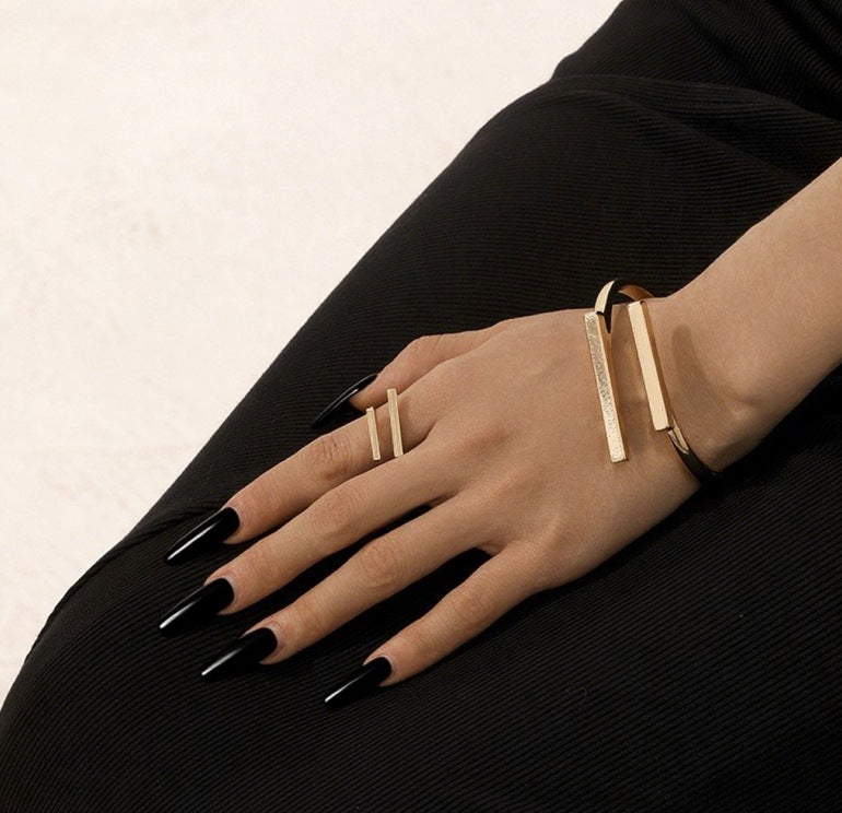 Metal Geometry Square Opening Adjustable Women's Bracelet Ring Jewelry Suit