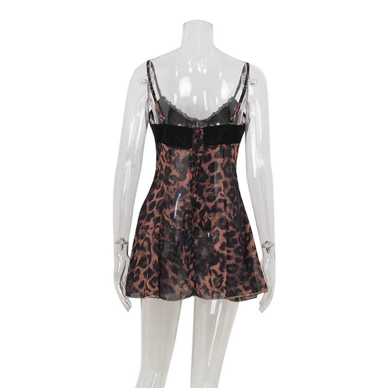 European And American Leopard Print Strappy Low-cut Lace Stitching Dress