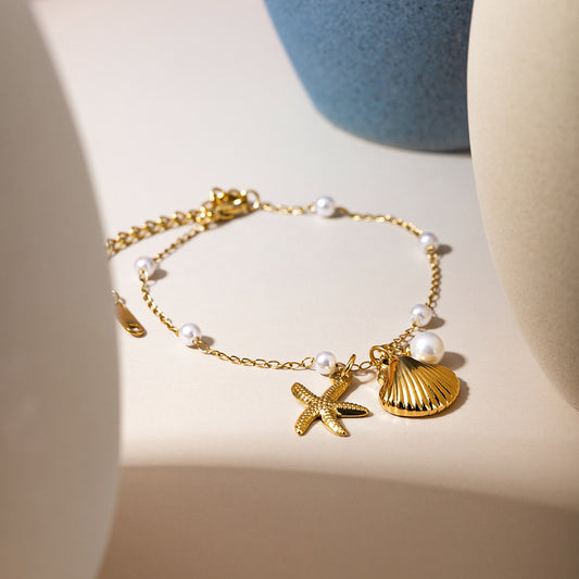 18K Gold Stainless Steel Pearl Chain Shell Starfish Pendant Bracelet