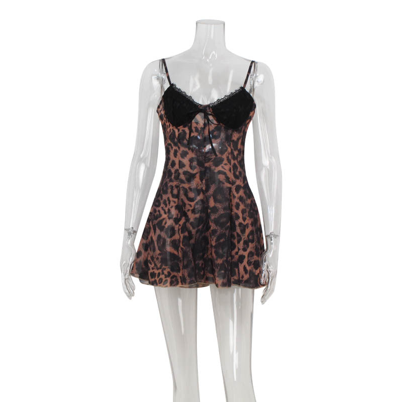 European And American Leopard Print Strappy Low-cut Lace Stitching Dress