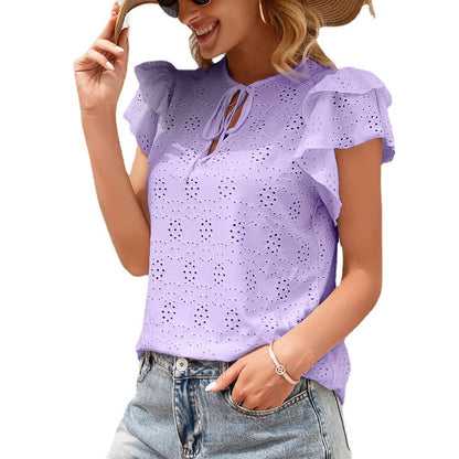 Women's Crocheted Flower Hollow Out Tied Round Neck Ruffle Sleeve T-shirt