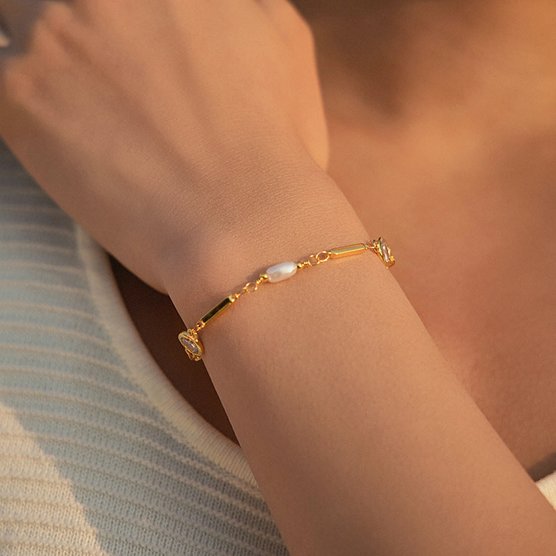 Copper Plating 18K Real Gold Color Retaining Inlaid Zircon Exquisite ABS Pearl Bracelet