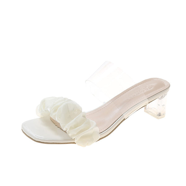 Fairy Style Transparent Chunky Heel Square Toe Pleated Sandals