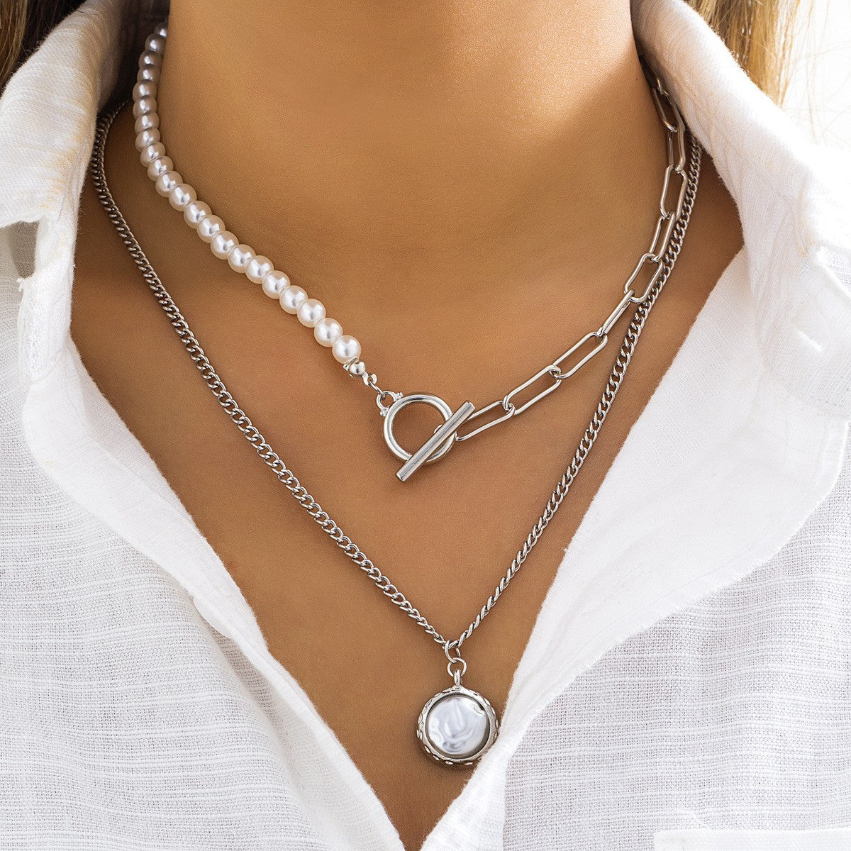 Baroque Stitching Woven Pearl Double Layer Necklace Retro