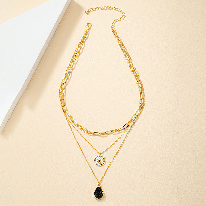 Three-layer Crystal Bud Round Plate Pendant Necklace