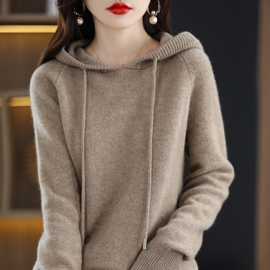 Loose Drawstring Casual Pullover Solid Color Outerwear Hooded Knitted Hoodie