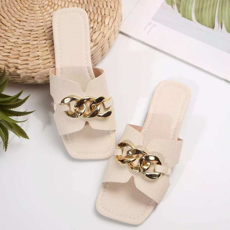 Women's Flat Slippers Lightweight Fashion Chain Square Toe Casual