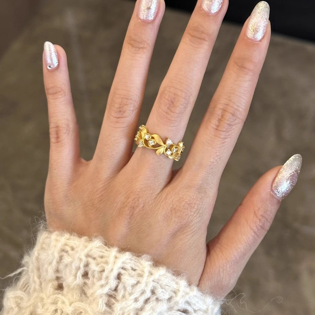 Fashion New Chinese Style Flower Branch Leaf Golden Ring