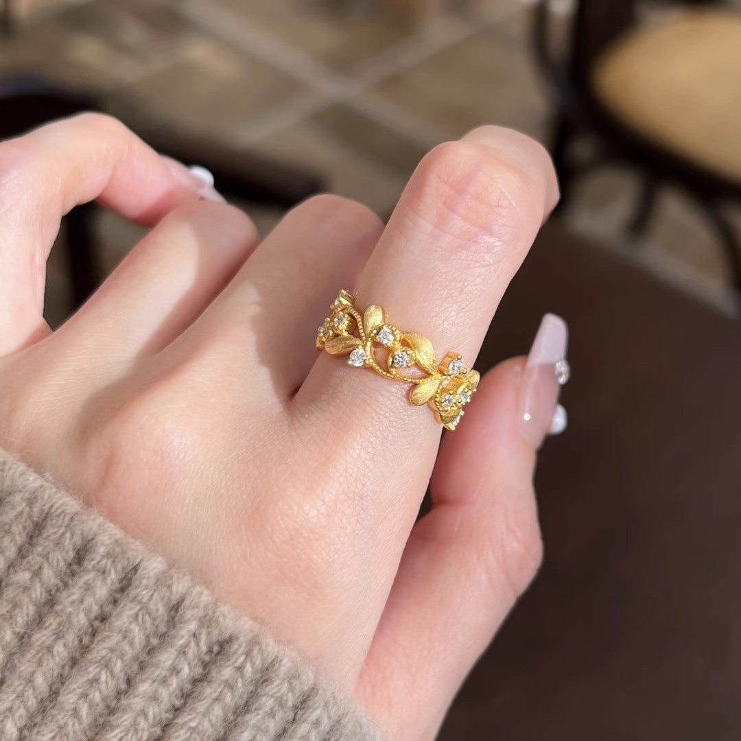 Fashion New Chinese Style Flower Branch Leaf Golden Ring
