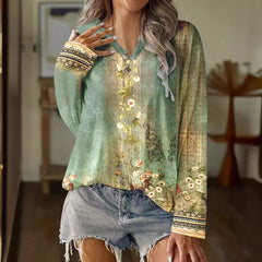 Women's Long-sleeved Printed Loose V-neck T-shirt Sweater