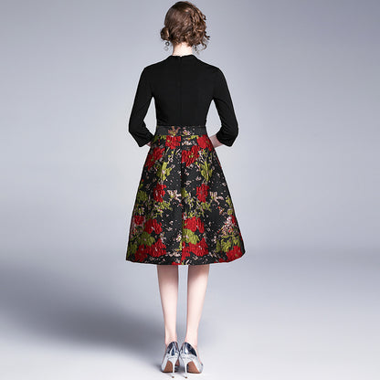 Ladies' New Jacquard Stitching Large Swing Dress