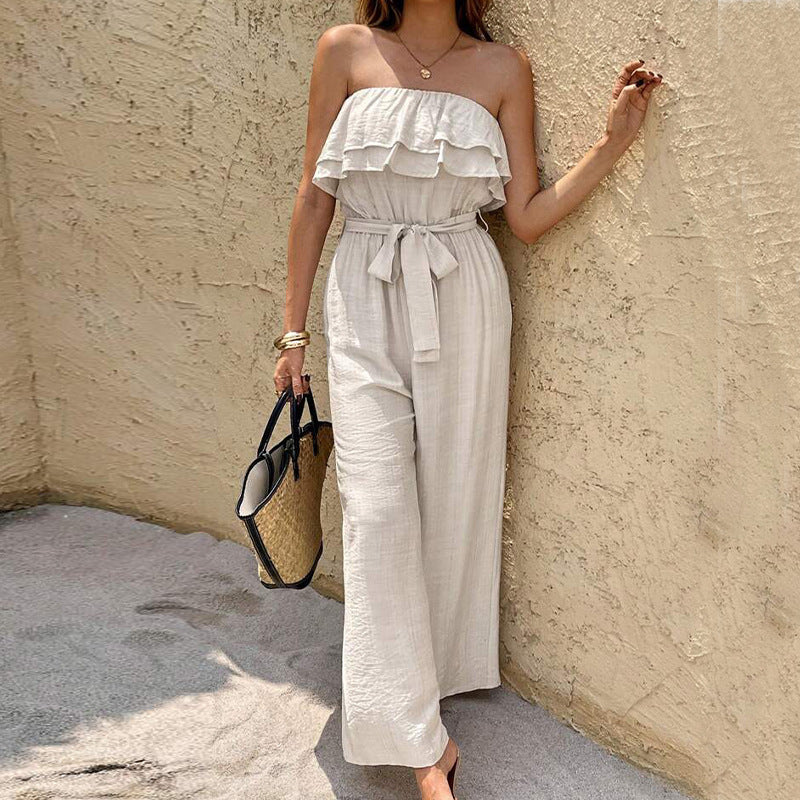 Women's Summer Sleeveless Tube Top Jumpsuit Ruffled Tied Jumpsuit