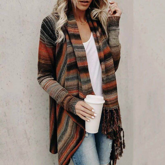 Long Slim Fit Fashion Tassel Stripe Coat Sweater