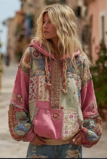 Vintage Hooded Jacket Versatile Lace-up Printed Sweatshirt