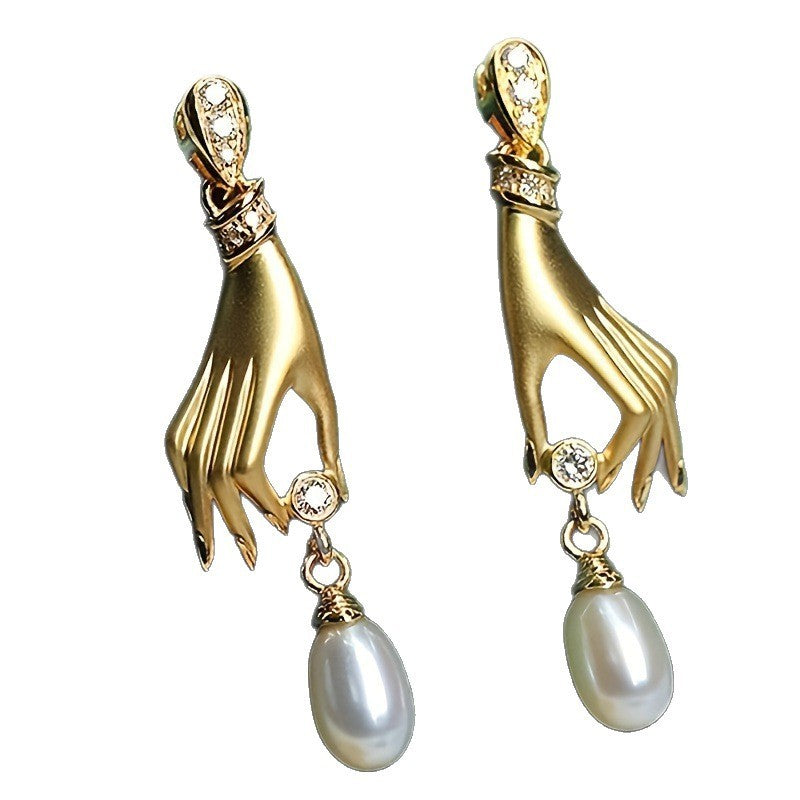 Creative Micro Inlaid Zircon Palm Pearl Pendant Earrings