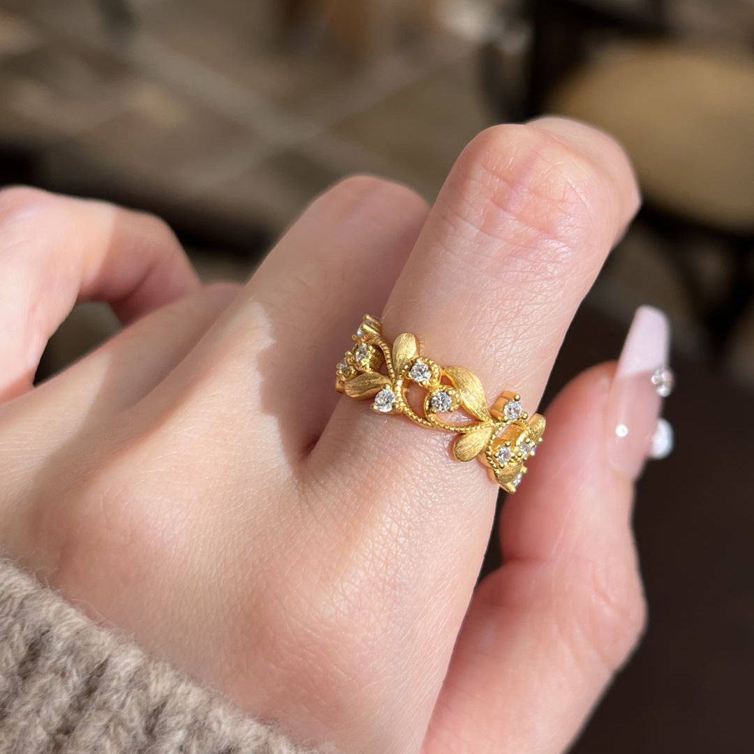 Fashion New Chinese Style Flower Branch Leaf Golden Ring