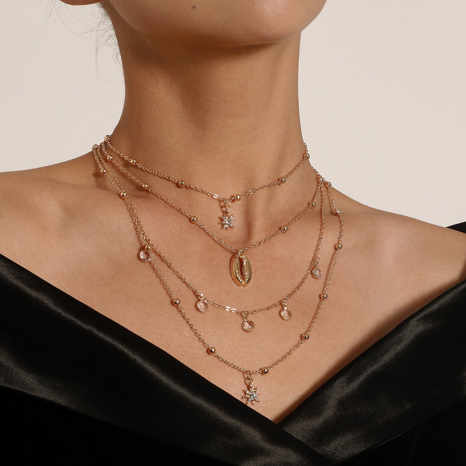 Women's Diamond Six-pointed Star Pendant Necklace Multi-layer