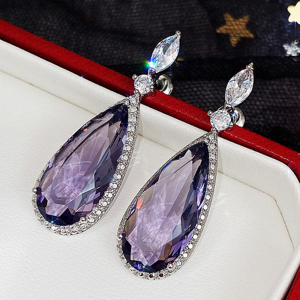 Micro-inlaid Purple Zircon Long Women Bridal Earrings