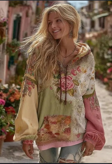 Vintage Hooded Jacket Versatile Lace-up Printed Sweatshirt