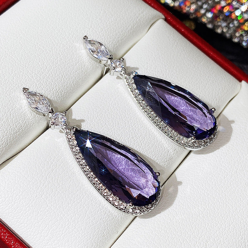 Micro-inlaid Purple Zircon Long Women Bridal Earrings