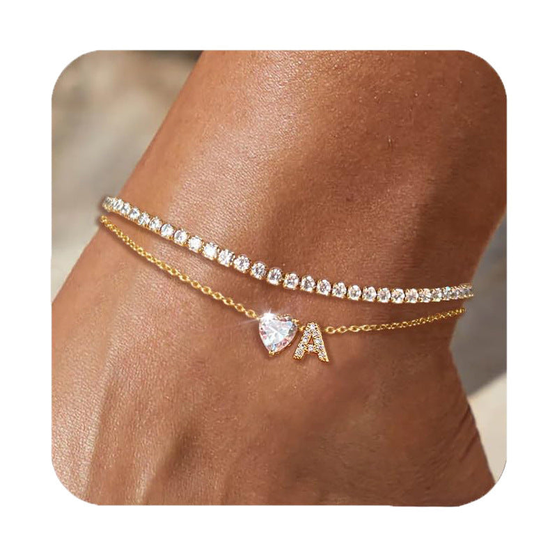 26 Letters Loving Heart Zircon Inlaid Layered Anklet