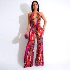 Multicolor Wave Deep V Bare Back High Waist Casual Pants