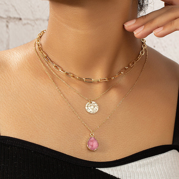 Three-layer Crystal Bud Round Plate Pendant Necklace