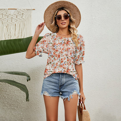 Floral Top Women's Loose All-match Round Neck Pullover T-shirt